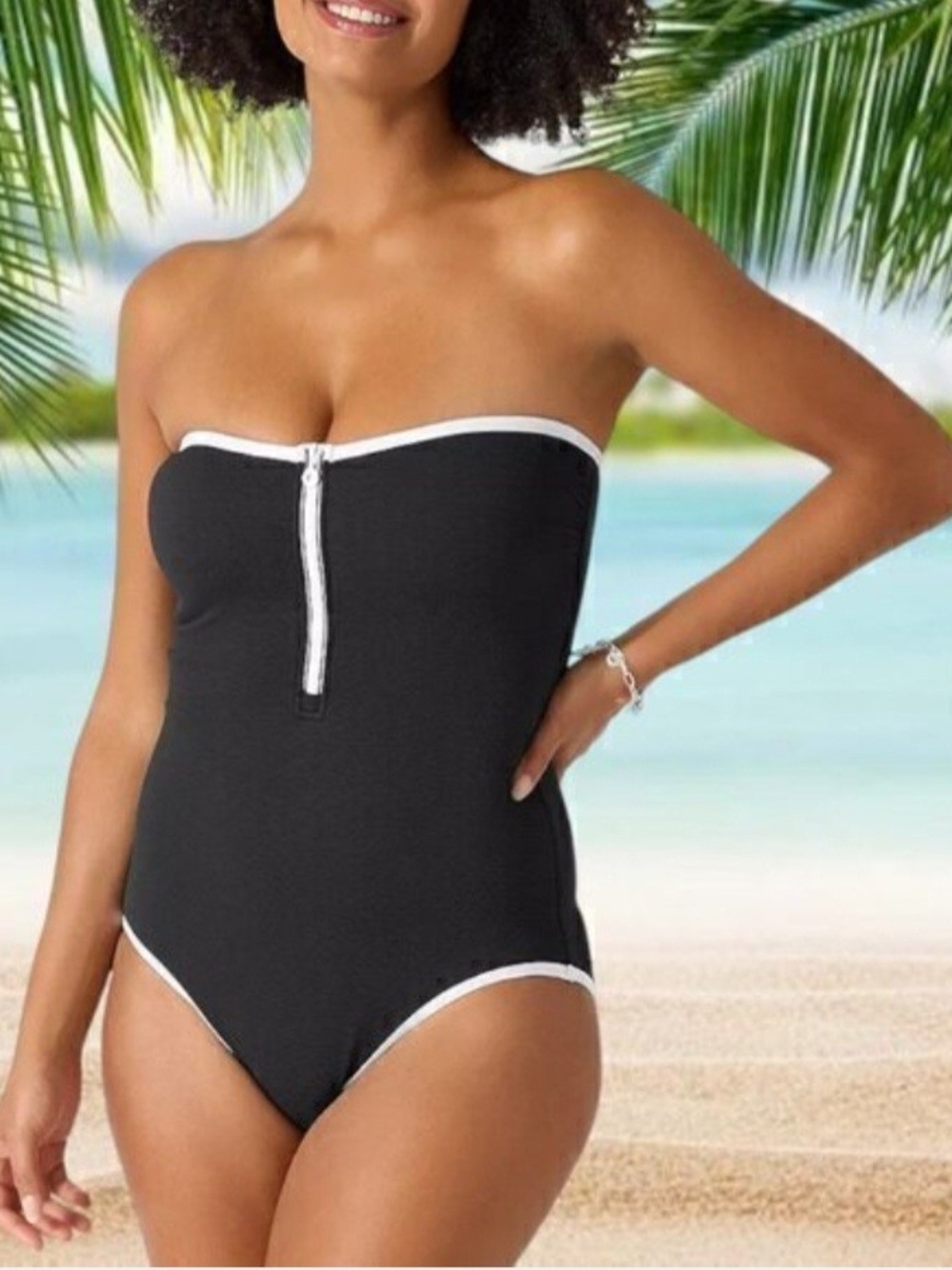 Tommy Bahama Black One-Piece Strapless Swimsuit with White Trim Size 4
